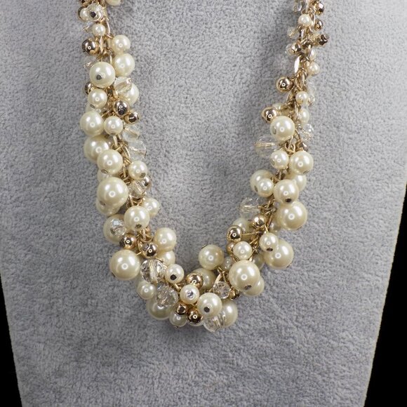 Vintage The Limited Faux White Pearl Shaky Necklace Two-Tone Clear Crystal Beads - Picture 4 of 9